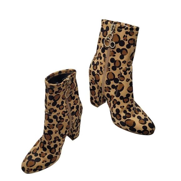 Disney X Aldo Step In Magic Leopard Chunky Heel Sock Bootie 6 Brown Mickey Boots - Picture 8 of 13